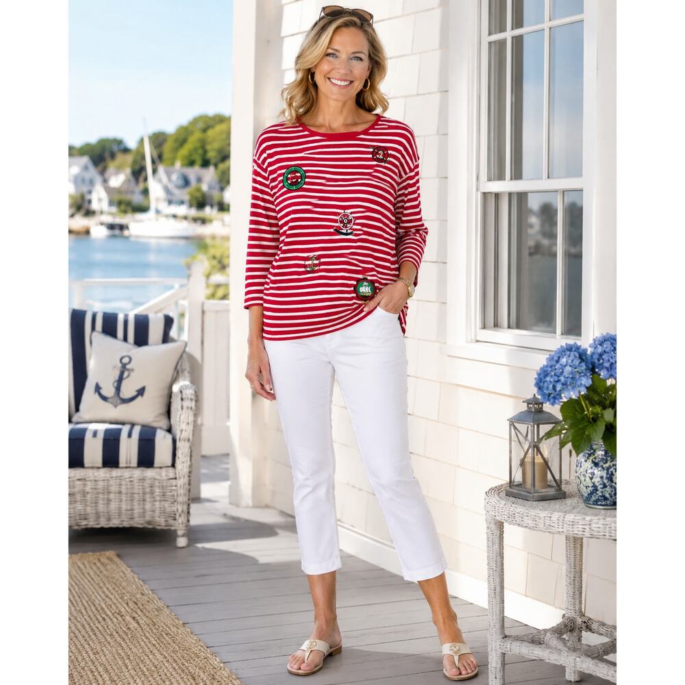 Womens Americana Nautical Top Medium Stripes 3/4 Sleeve Sailor Coastal Preppy